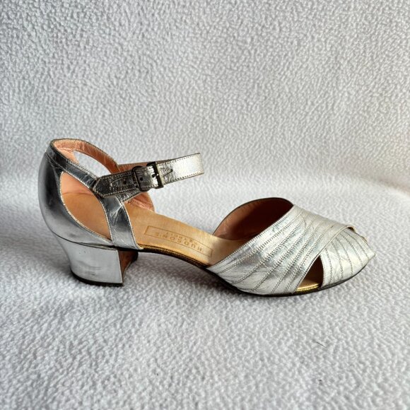 Vintage Silver Chunky Heel Peep Toe Heels Pumps - Picture 8 of 12